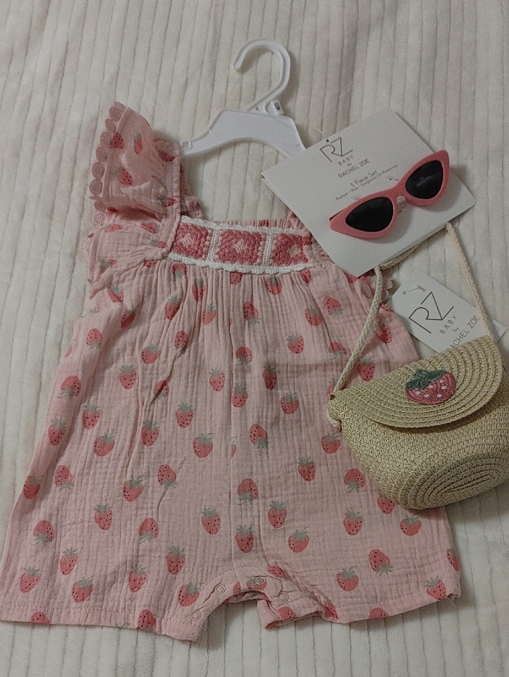 3 PC Pink Strawberry Baby Romper with Straw Purse & Sunglasses